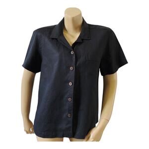 CARIBBEAN JOE Womens Petite Size PXL Black Linen Short Sleeve Button Front Shirt